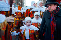 Binche festival carnival in Belgium Brussels. Belgium, carnaval of Binche. UNESCO World Heritage Parade Festival. Belgium, Walloon Municipality, province of Hainaut, village of Binche. The carnival of Binche is an event that takes place each year in the Belgian town of Binche during the Sunday, Monday, and Tuesday preceding Ash Wednesday. The carnival is the best known of several that take place in Belgium at the same time and has been proclaimed as a Masterpiece of the Oral and Intangible Heritage of Humanity listed by UNESCO. Its history dates back to approximately the 14th century.